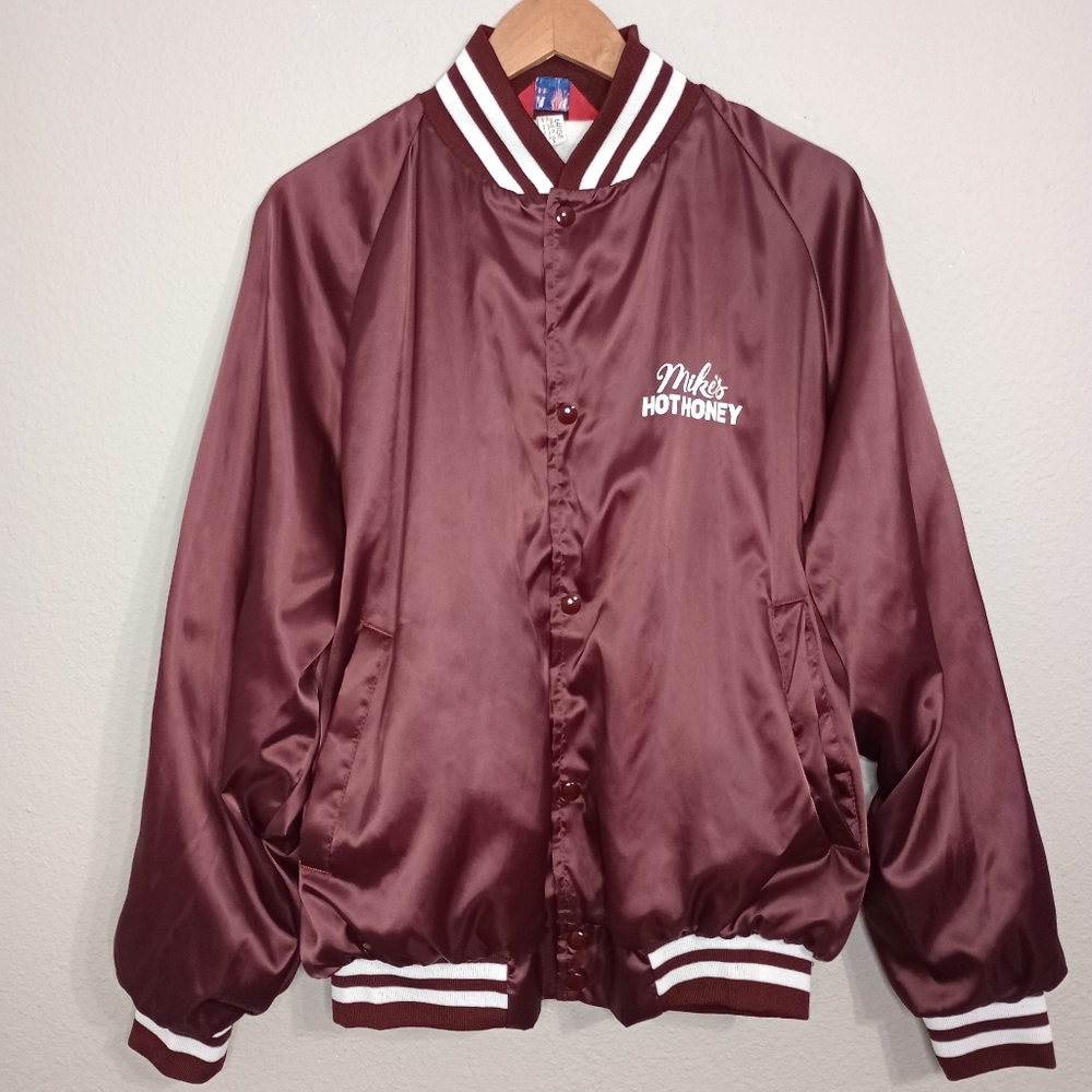 Vintage ASW varsity satin jacket Mike's hot honey print